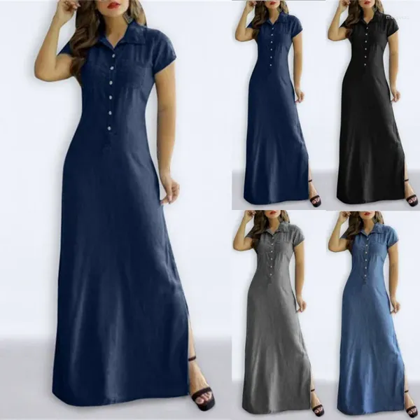 Vestidos casuais 2024 primavera verão vestido longo camisa colarinho fenda bolso grande balanço saia plus size denim