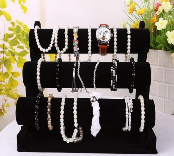 Nova exibição de jóias preto 3 camadas pulseira veludo relógio exibição suporte jóias suporte destacável ec12789737