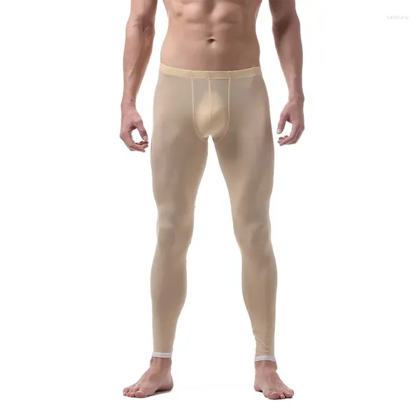 Roupa interior térmica masculina magro apertado longo johns gelo seda quente estiramento legging calças outono ultra fino respirável meados de cintura calças