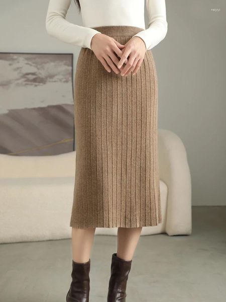 Saias femininas pura cashmere saia elegante e elegante cintura alta plissada outono inverno na moda all-match longo