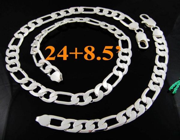 Cool Men039s ювелирные изделия из серебра 925 пробы 12 мм, цепочки Фигаро, ожерелье, браслет, комплект ювелирных изделий, 2485 дюймов, 10 комплектов6004474