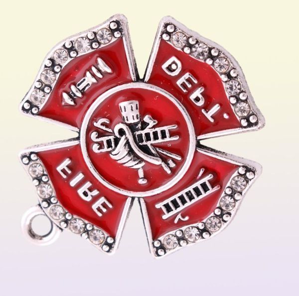10 Stück Zinklegierung, rhodiniert, einseitig, Feuerwehrabzeichen, rote Emaille-Kristalle, Charm-Anhänger für Schmuckherstellung 8219569