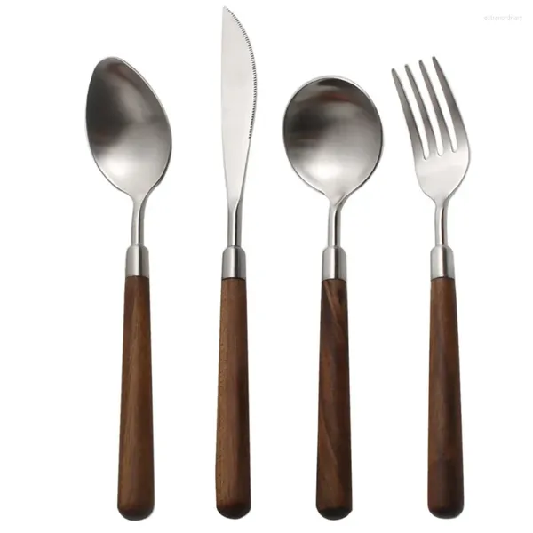 Conjuntos de louça 304 talheres de aço inoxidável retro bife faca nogueira punho de madeira garfo colher talheres restaurante cozinha utensílios de mesa