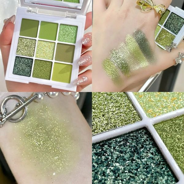 9-Farben-Matt-Lidschatten-Palette, grüner Primer, wasserfest, glitzernd, nacktes Augenpigment, Schimmer, Glanz, Schattenpulver 240123