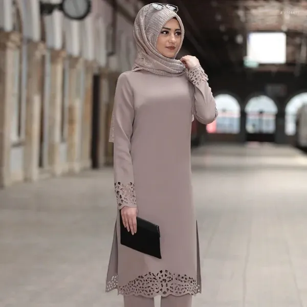 Roupas étnicas Turquia Vestido Muçulmano Mulheres Long Top Hollow Sólido Islâmico Hijab Vestidos Marroquino Kaftan Jilbab Party Vestidos Abaya 2024