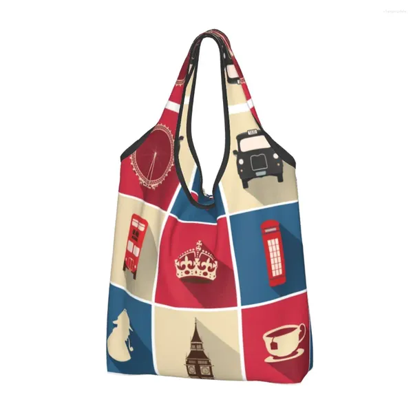 Borse per la spesa Moda vintage UK London Symbol Tote Bag Borsa portatile con bandiera britannica Red Bus Generi alimentari Shopper a spalla