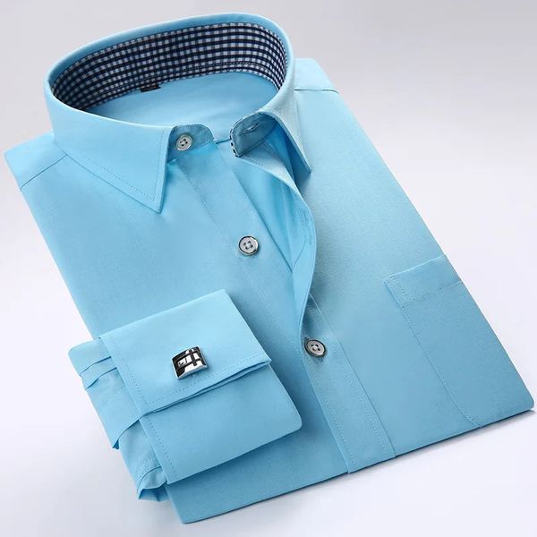 Gemelli francesi formali di qualità camicia da uomo a maniche lunghe smoking maschile marca slim fit polsino con bottoni camicie eleganti da uomo festa di nozze 240126