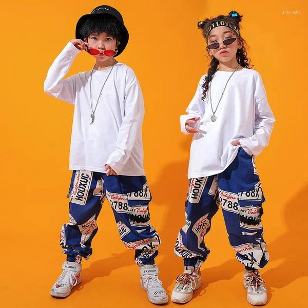 Palco desgaste criança hip hop roupas branco puro manga longa camiseta top impressão rua carga jogger calças para menina menino jazz dança traje roupas
