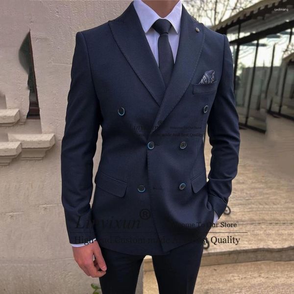 Abiti da uomo Classico Blu Navy Per Uomo Doppio Petto Formale Business Blazer Da Sposa Sposo Smoking 2 Pezzi Giacca Pantaloni Terno Masculino