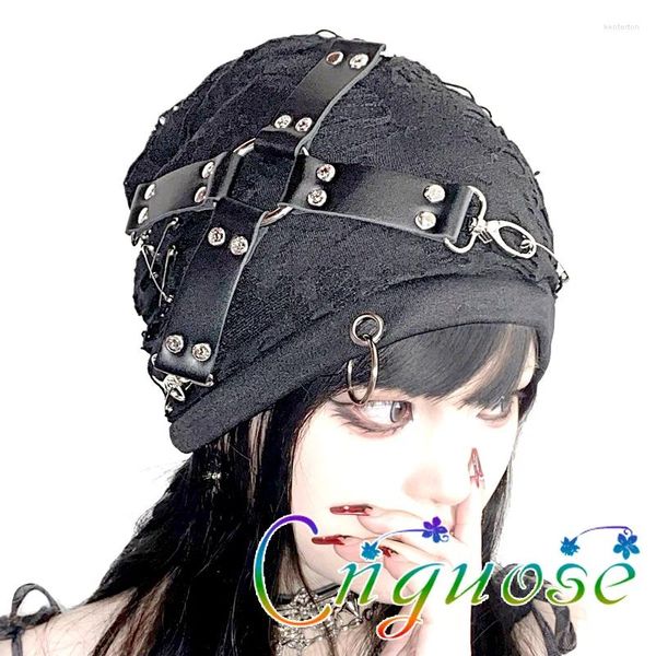 Berets 2024 Y2K Punk Estilo Black Hole Rivet Chapéu Com Capuz Brimless para Mulheres Cruz Chapéus Femininos