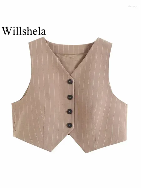 Coletes femininas Willshela Mulheres Moda Listrado Único Breasted Sem Mangas Jaqueta Vintage V-Pescoço Colete Feminino Senhora Coletes