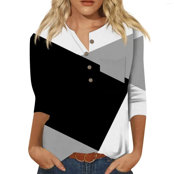 Женские футболки 2024, модный винтажный топ для женщин, женская повседневная футболка с рукавом три четверти и воротником на пуговицах с геометрическим принтом и графикой
