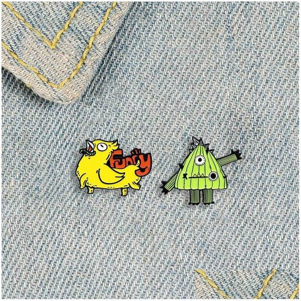 Pins Broches Xedz Engraçado Frango Metal Esmalte Broche One-Eyed Cactus Único Fun Lapel Mochila Animal Planta Jóias Acessórios Presente D OT4TU