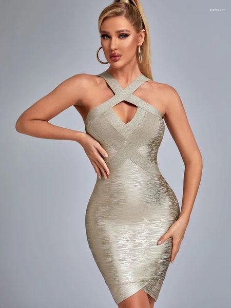 Vestidos casuais mulheres estilo verão sexy buraco chave bronzeamento preto ouro glitter mini bodycon bandage vestido 2024 elegante festa de noite