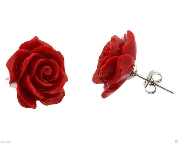 Modeschmuck 12 mm Koralle rote Rose Blume 925 Sterling Silber Ohrringe baumelnde Ohrringe 1 8259b4229856