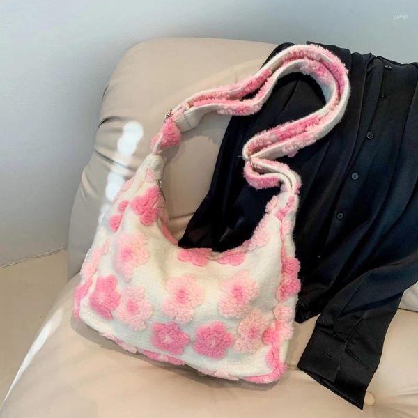 Abendtaschen Damen Flauschige Tragetasche Blumendruck Plüsch Schulter Vielseitig Y2k Satchel Kunstpelz Handtasche Winter Shopper