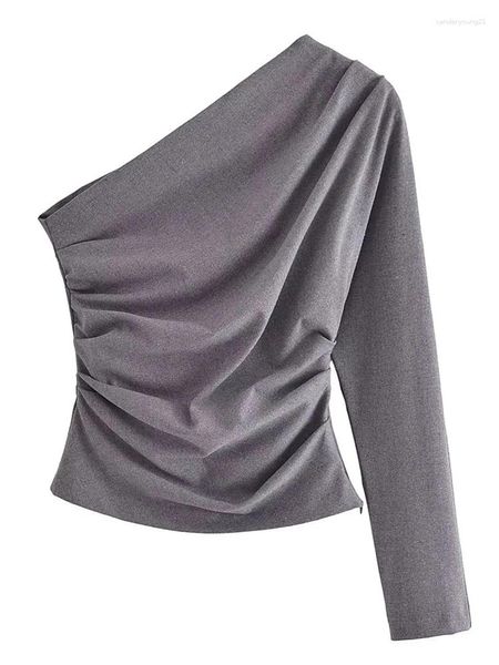 Blusas femininas moda meninas gola inclinada única manga longa assimétrica cinza magro topos das mulheres 2024 casual zíper lateral camisas plissadas