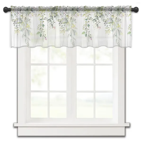 Cortina aquarela eucalipto folhas plantas flores verdes cortinas de cozinha tule sheer curto sala estar decoração casa voile