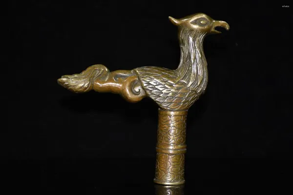 Dekorative Figuren, chinesische Messing-Kupfer-Handgeschnitzte Gehstock-Kopfgriff-Phoenix-Statue