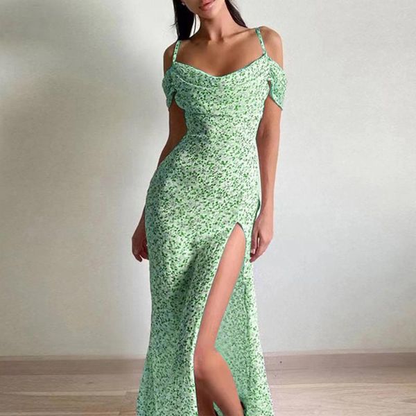 Vestidos casuais verde verão floral impressão praia maxi vestido mulheres francês elegante longo chiffon alta divisão ruched sexy festa robe