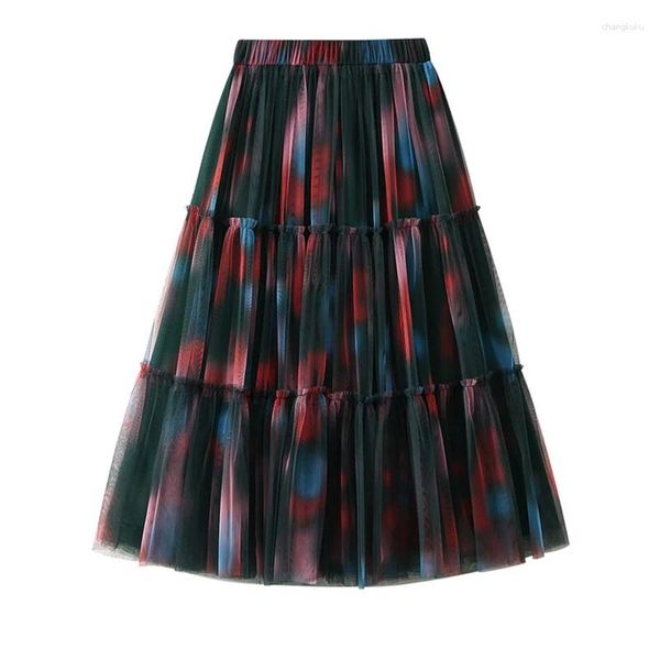 Saias Tigena elegante gradiente longo tutu tulle saia para mulheres vintage tie dye a lin cintura alta plissada malha feminina senhoras