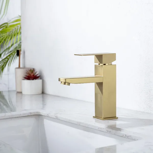 Rubinetti per lavandino del bagno Rubinetto per lavabo nero opaco / oro spazzolato Miscelatore per acqua fredda e montaggio su piano Maniglia singola