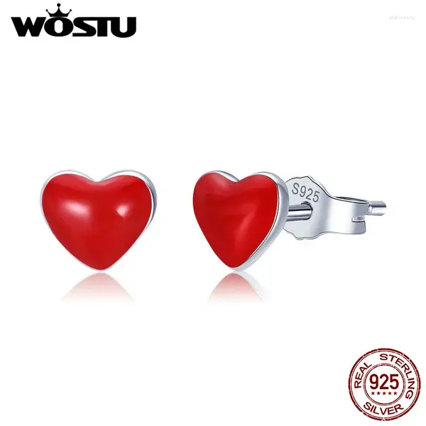 Brincos de garanhão WOSTU 925 prata esterlina doce coração vermelho esmalte feminino para mulheres festa joias presente CSE147