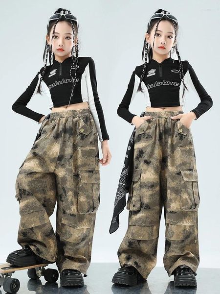 Bühne tragen 2024 Kinder Kleidung Schwarz Crop Tops Camouflage Hosen Anzug Für Mädchen Jazz Dance Performance Kostüme Hip Hop Streetwear DN16826