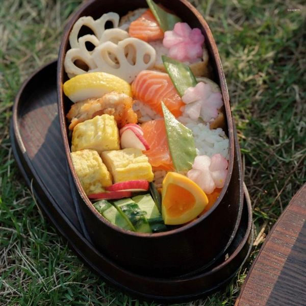 Louça de madeira lancheira piquenique japonês bento para crianças da escola conjunto com sacos colher garfo pauzinhos redondo quadrado