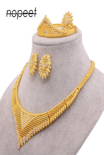 Conjunto de joias de ouro 24k dubai oriente médio, colar de casamento africano, pulseira, brincos, conjunto de anel de quatro peças 5955160