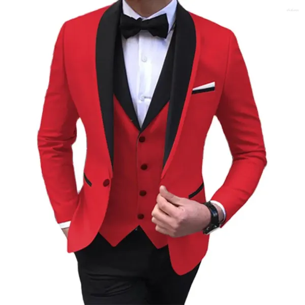 Erkek takım elbise kostüm kırmızı erkek ile siyah şal parti ince fit smokin balo düğün için 3 adet (ceket pantolon yelek)