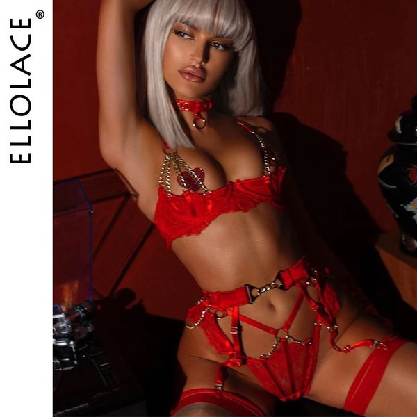 Ellolace fantasia lingerie luxo renda push up meia xícara sutiã com corrente sexy vermelho delicado roupa interior dia dos namorados sissy íntimo 240127