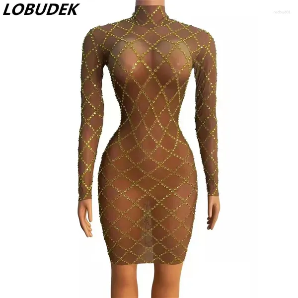 Bühnenkleidung Sexy transparentes Mesh-Plaid-Kristalle, figurbetontes Kleid für Frauen, Sänger, Modell, Laufsteg, Geburtstagsfeier, durchsichtig, kurz