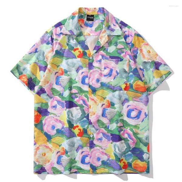 Мужские повседневные рубашки с размытым цветочным принтом, Гавайские мужские летние рубашки с воротником на пуговицах, винтажные для мужчин и женщин