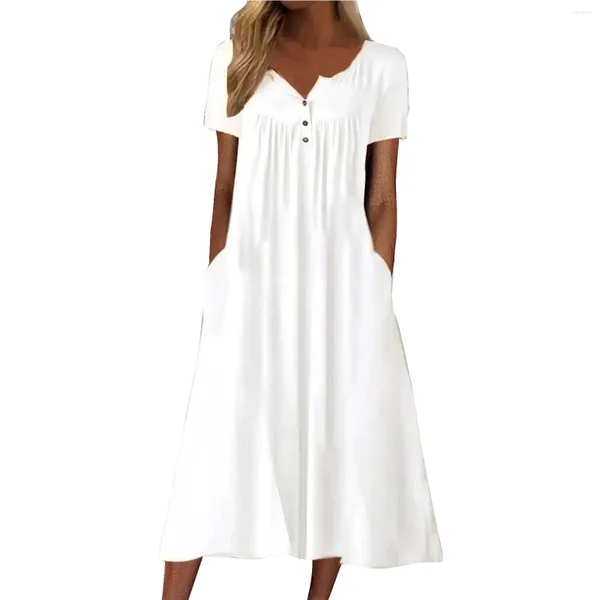 Vestidos casuais sólido manga curta branco maxi vestido para mulheres elegante festa a linha midi bolso solto boêmio feriado robe