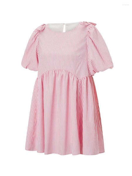 Abiti casual da donna Mini abito con maniche corte a sbuffo da fata Simpatico fiocco rosa con decorazioni Babydoll a righe Festa estiva per ragazze