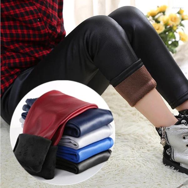 Calças meninas inverno leggings crianças calças de couro grosso veludo plutônio quente magro sólido lápis