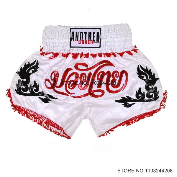 Pantaloncini Muay Thai Pantaloncini da boxe ricamati Uomo Donna Bambino Ragazzo Ragazza Combattente Boxer Cage Fighting Grappling Kickboxing Pantaloni 240119