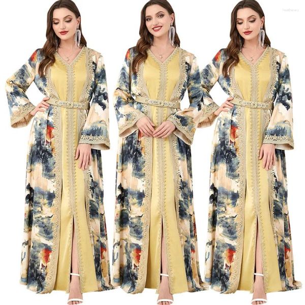 Roupas étnicas Moda Muçulmana Duas Peças Robe Floral Impressão Abaya Vestido Longo Ramadan Mulheres Islâmicas Marroquino Caftan Elegante Festa Noite