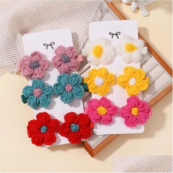 Haarschmuck 6 Teile/satz Baby Mädchen Wolle Stricken Kopfbedeckungen Handgemachte Cloghet Kleine Puff Blume Sichere Haare Clips Kinder Haarnadeln Drop Otbvn