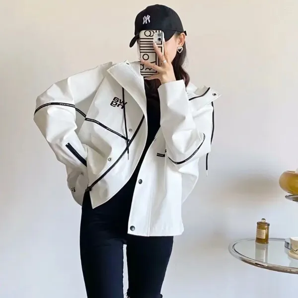 Jaquetas femininas Dutrieux 2024 outono moda impressão ferramentas jaqueta preto branco letras com capuz trench coat cintura alta baggy