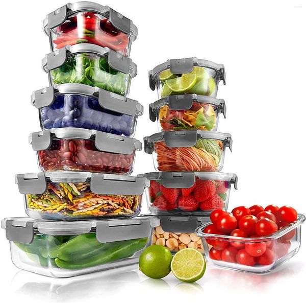 Tigelas Nutrichef Conjunto de recipientes de armazenamento de vidro superior de 24 peças - Design empilhável Tampas de travamento sem BPA (cinza): 11 onças 35