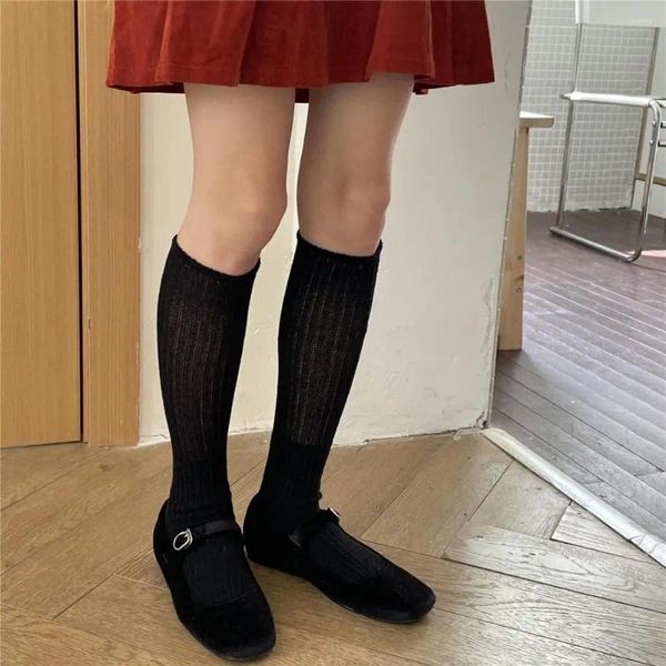 Frauen Socken Lange Japanischen Stil frauen Winter Stricken Kalb Warme Elastische Anti-slip Schule Mädchen Strümpfe Einfarbig