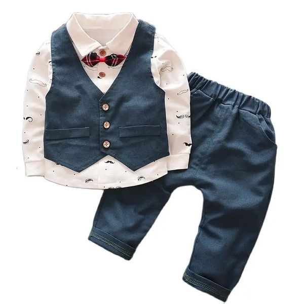 Primavera Outono Criança Bebê Meninos Cavalheiro Terno De Casamento Camisa De Algodão Calças 3 Pcs Formal Crianças Roupas Set 1 2 3 4 5 Anos 240202