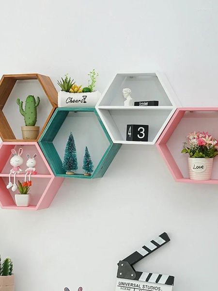 Placas decorativas flor suporte de parede pote estilo artesanato armazenamento hexagonal livros decoração prateleiras exibição montagem brinquedos nordic estatuetas de madeira prateleira