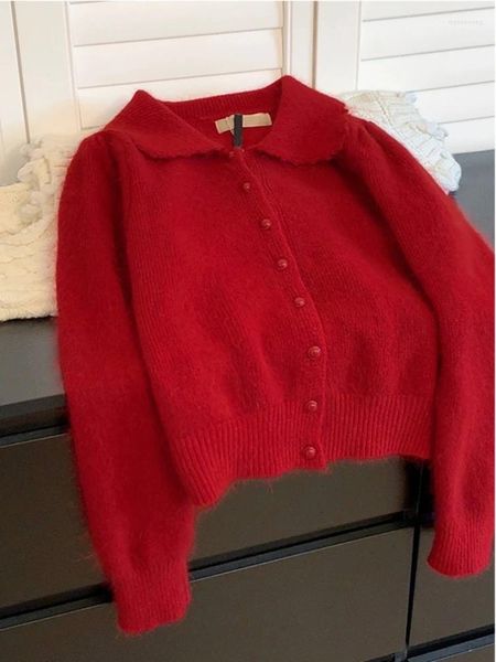 Maglioni da donna Cappotto maglione Cardigan corto rosso con risvolto Autunno e inverno Abbigliamento interno Alla moda All-Match Sciolto Colore puro addensato caldo