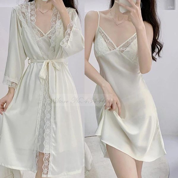 Mulheres sleepwear duas peças conjunto de sono verão feminino quimono robe vestido sexy laço suspender nightdress casual roupão de banho cetim casa wear