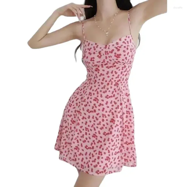 Lässige Kleider für Damen, sexy Spaghettiträger, ärmellos, rosa Druck, trägerloses Kleid, modisch, Mini-Club, Party, Sommer, niedliches Mädchen