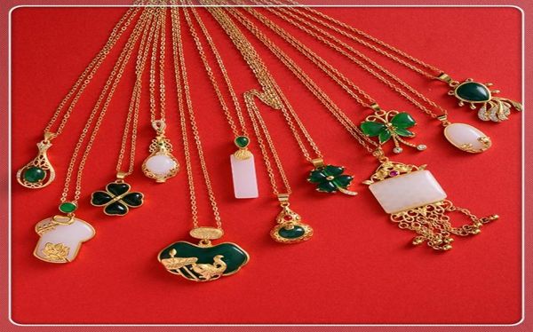 Цельнотонкий зеленый камень из жадетигрового глаза, кулон, ожерелье для женщин, зеленый малайзийский нефрит, Китай, древний талисман, 24-каратное золото, Jew9743554