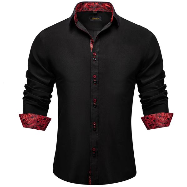 DiBangu Camisa Masculina Manga Comprida Preto Sólido Vermelho Paisley Cor Contraste Moda Vestido Camisa para Homens Gola de Botão Roupas Masculinas 240118